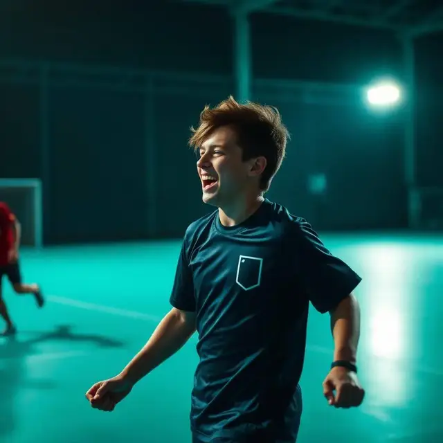 Atleta comemorando um gol em quadra coberta